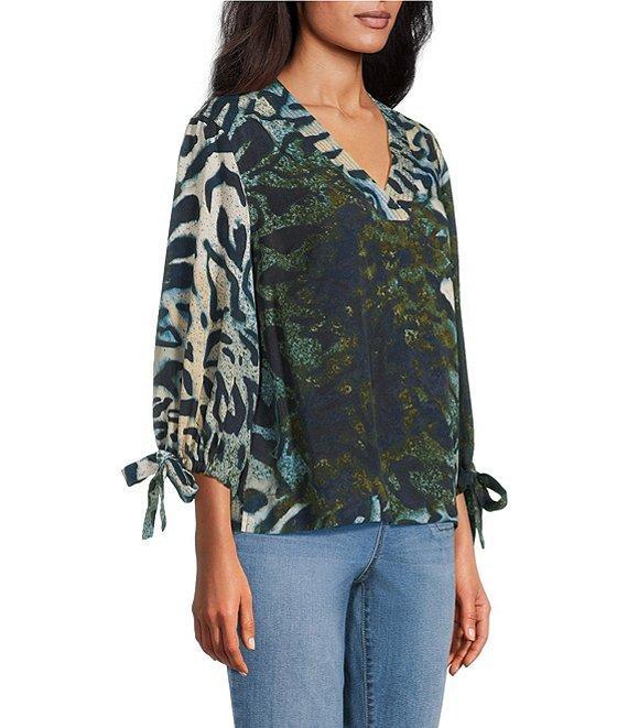 Westbound Dark Denim Animal Pigment Print 3/4 Tie Sleeve Top Product Image