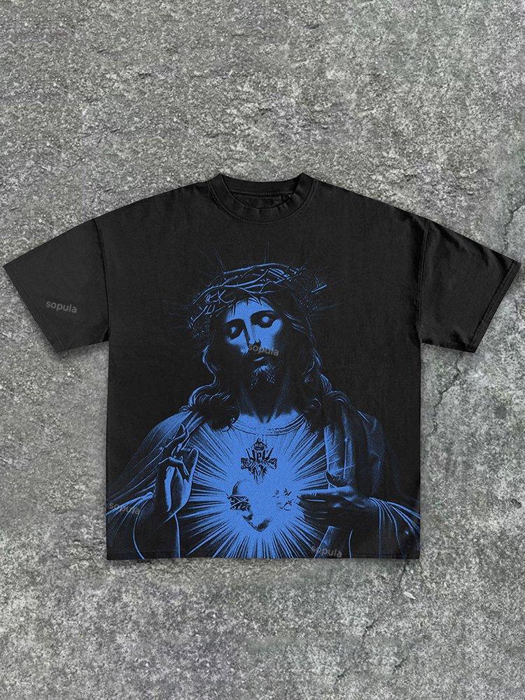 Vintage Jesus Print Round Neck Cotton T-Shirt Product Image