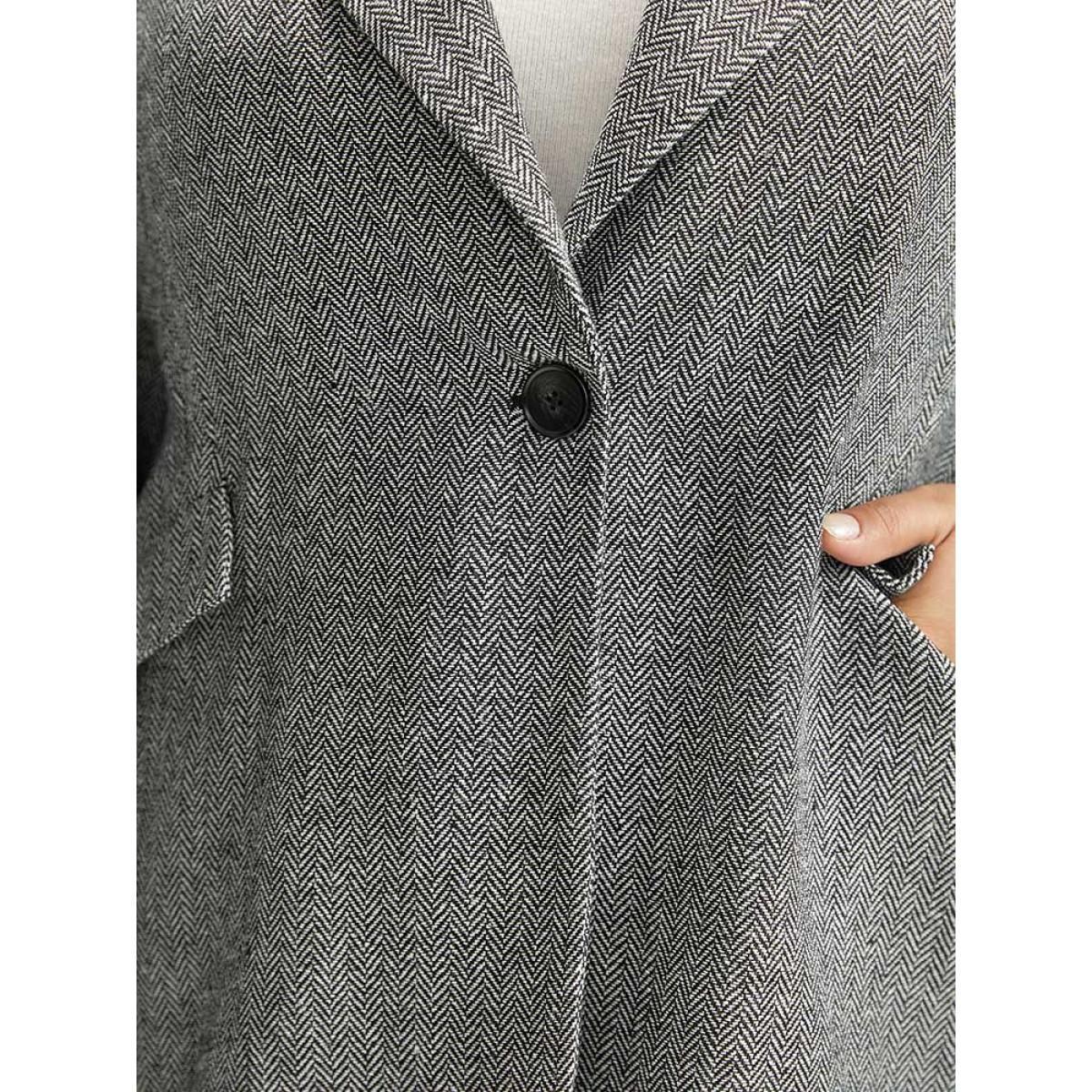 Plus Size Plain Textured Pocket Suit Collar Blazer Black Women Work Plain Texture Sleeve Long Sleeve Suit Collar 18-20/2X Pocket At the Office Blazers BloomChic Product Image