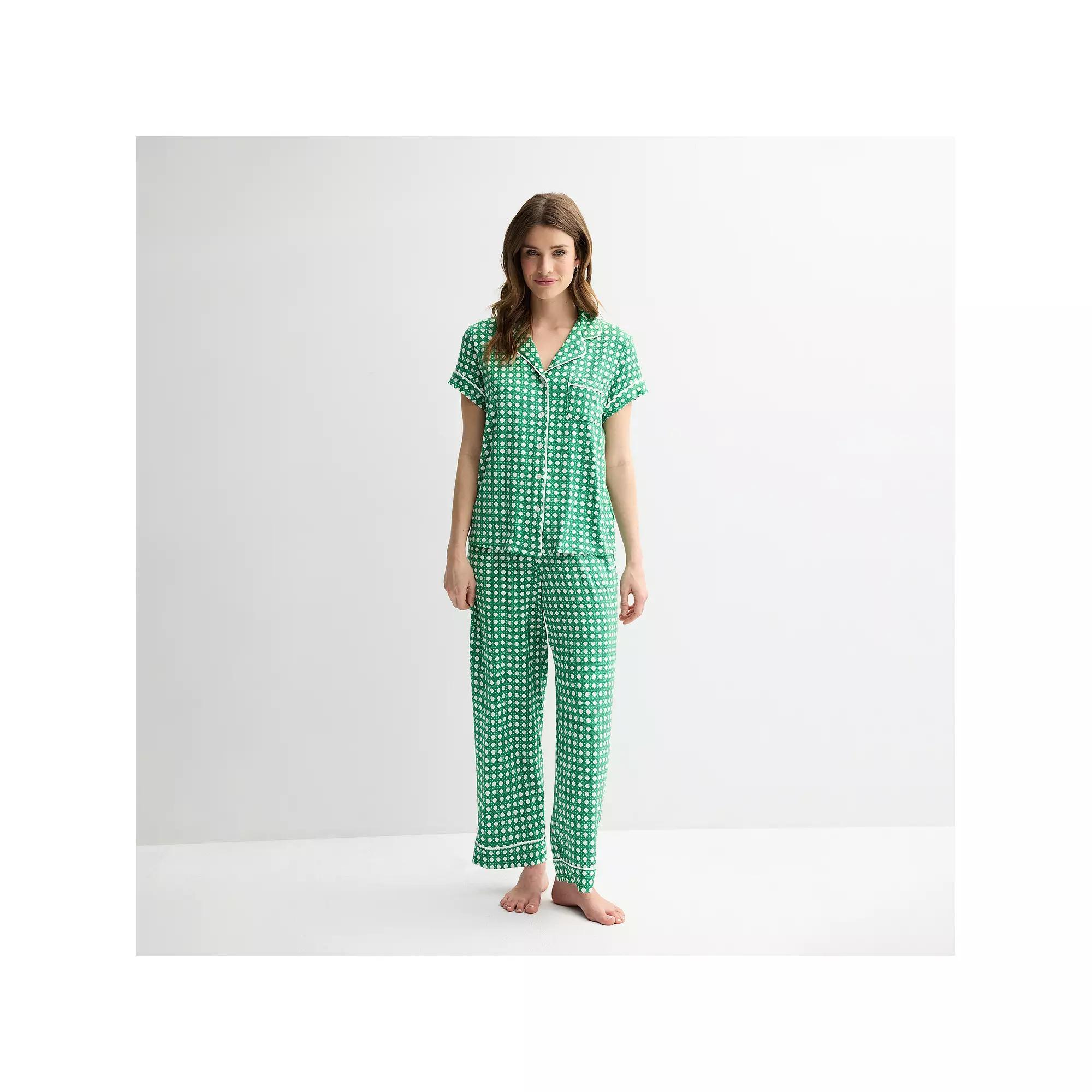 Women's Draper James 2-Piece Printed Cozy Short Sleeve Notch Collar Pajama Top & Pajama Pants Set, Size: XL, Spring Green Wicker Product Image