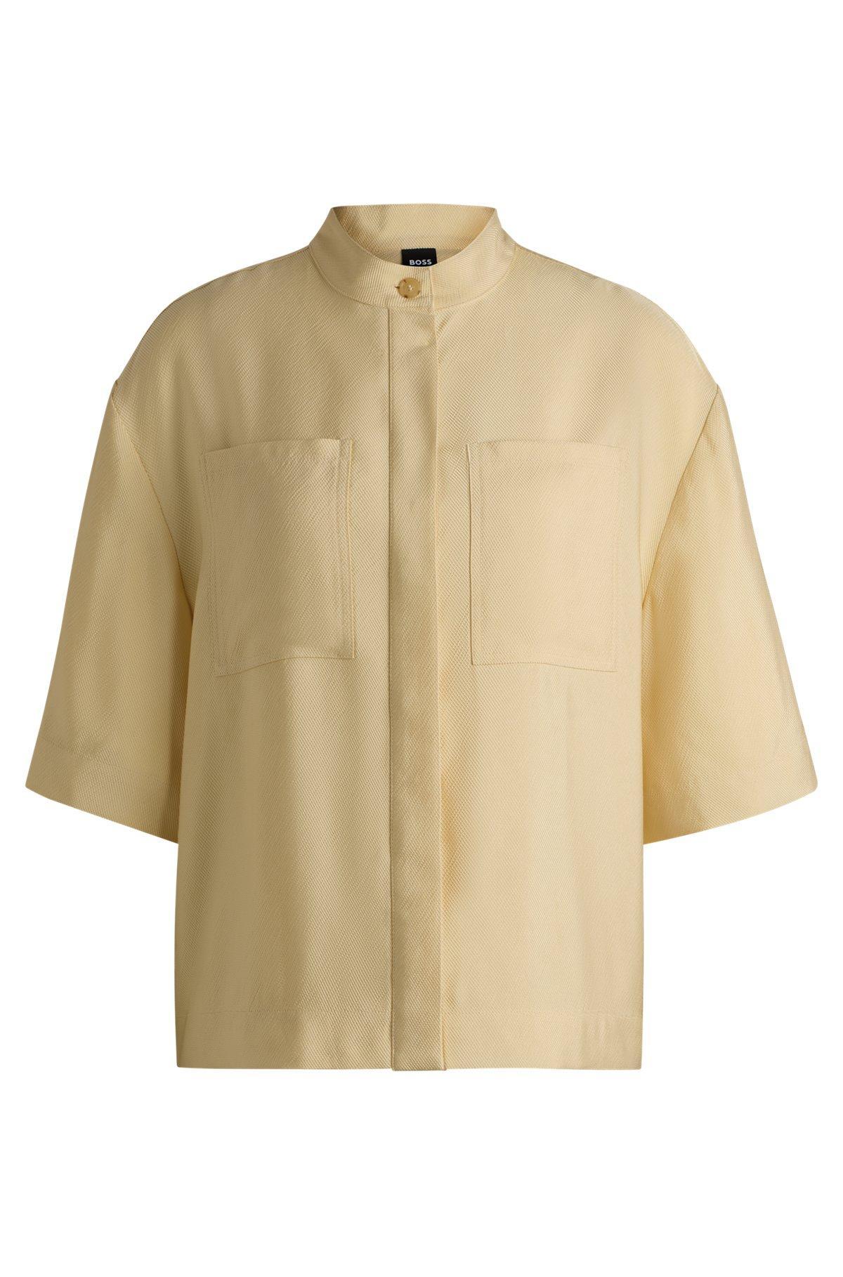 BOSS - Relaxed-fit blouse in soft twill with stand collar - Light Beige Product Image