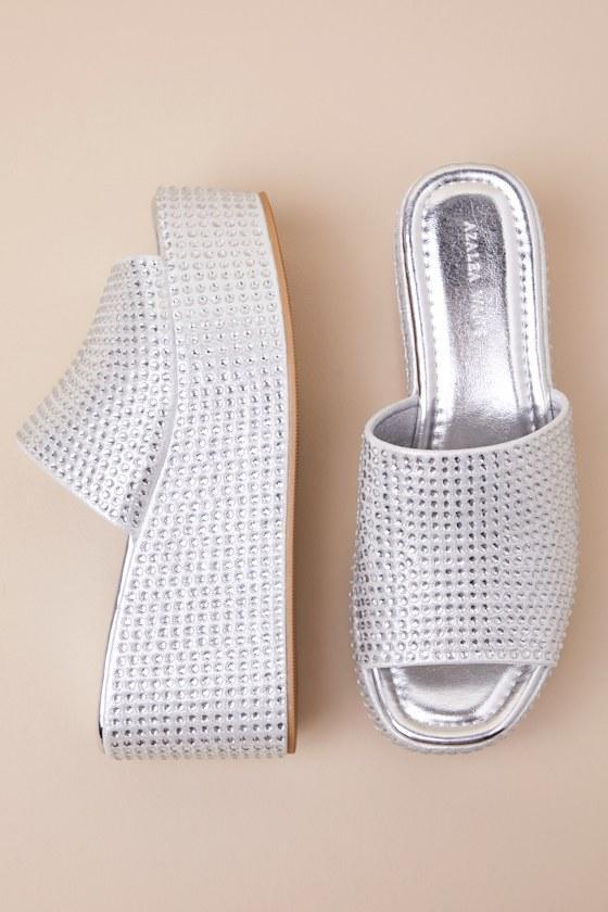 Arachna Silver Rhinestone Platform Slide Sandals Product Image