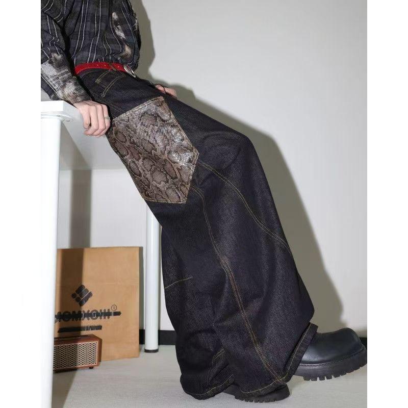 High Rise Snakeskin Print Panel Wide Leg Jeans Product Image