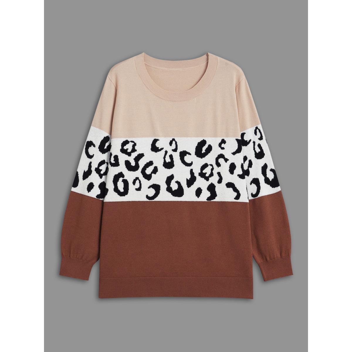 Plus Size Crew Neck Leopard Print Contrast Pullover Browncoffeecolor Women Casual Loose Long Sleeve Round Neck Everyday Pullovers BloomChic 10/M Product Image
