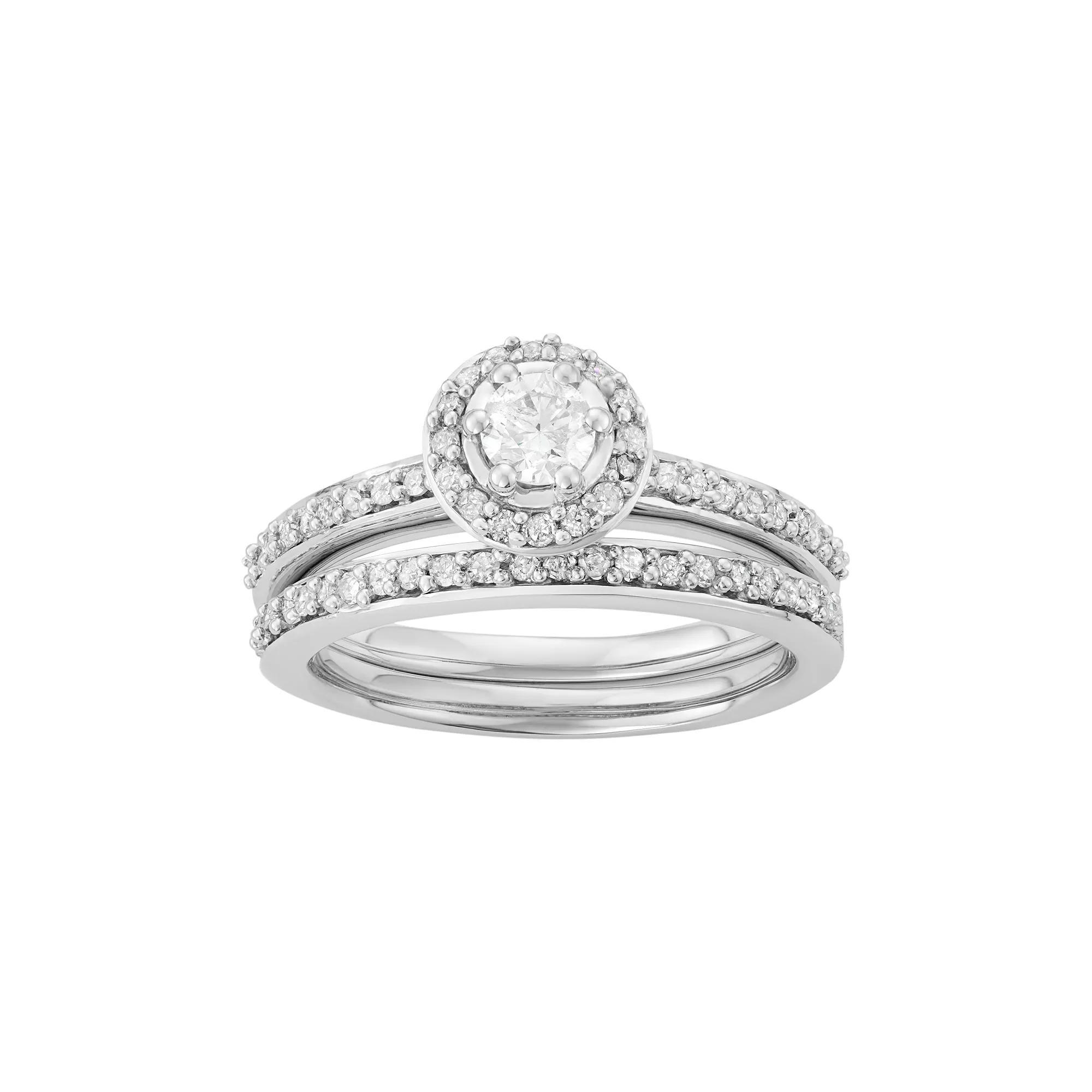 10k White Gold 1/2 Carat T.W. Diamond Halo Engagement Ring Set, Women's, Size: 7 Product Image
