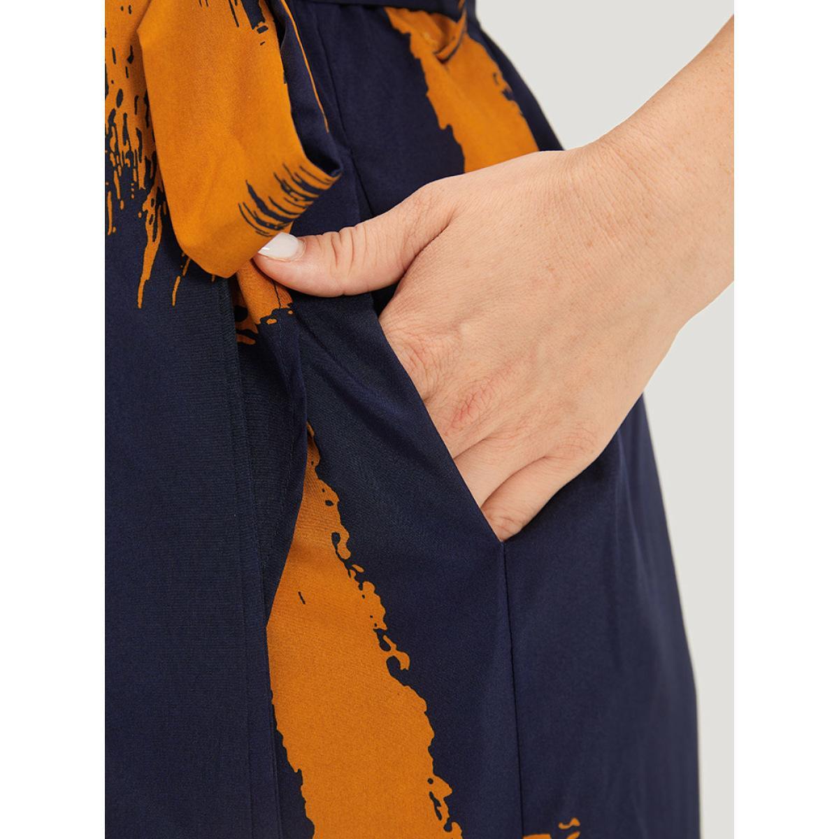 Plus Size Brush Print V Neck Pocket Wrap Hem Belted Dress DarkBlue Women Elegant Wrap V-neck Short sleeve Curvy Short Dress BloomChic 30/6X Product Image