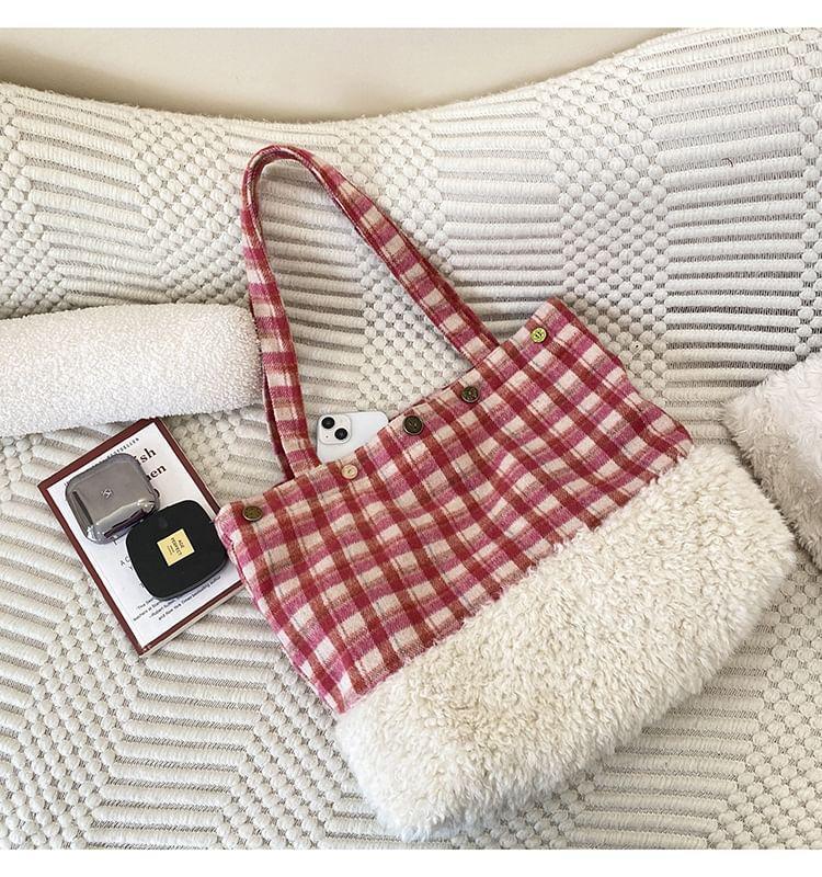 Plaid Fleece Panel Tote Bag Product Image