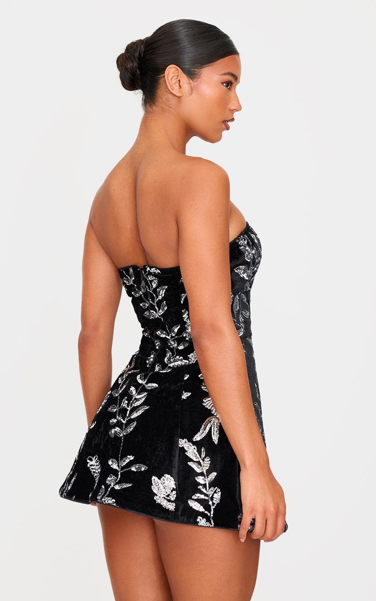Black Velvet Floral Sequin Embellished A-line Dress Product Image