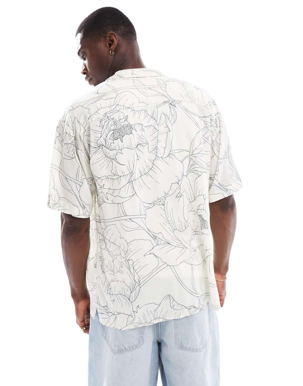Jack & Jones oversized revere collar floral printed shirt in white Product Image