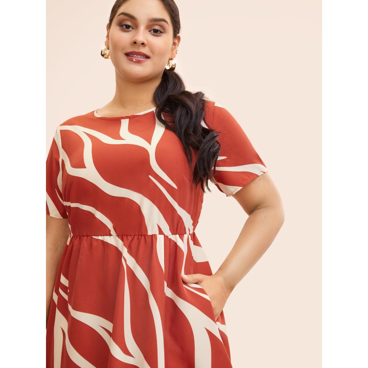 Plus Size Geometric Split Hem Midi Dress OrangeRed Women Workwear Essentials Non Round Neck Short sleeve Curvy BloomChic 22-24/3X Product Image