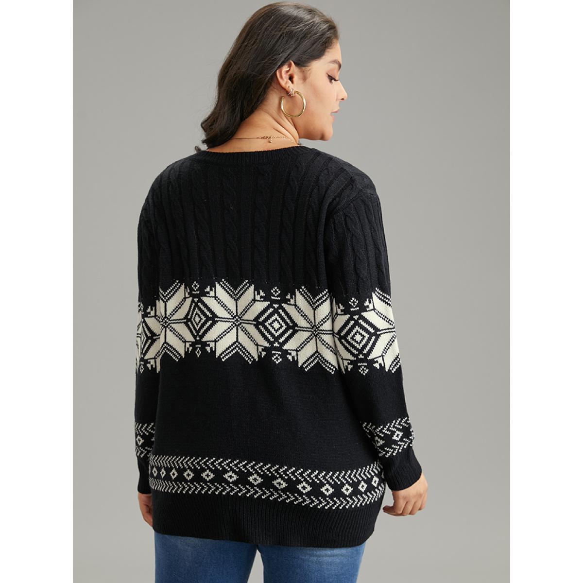 Plus Size Geometric Jacquard Cable Knit Pullover Black Women Casual Loose Long Sleeve Round Neck Dailywear Pullovers BloomChic 22-24/3X Product Image