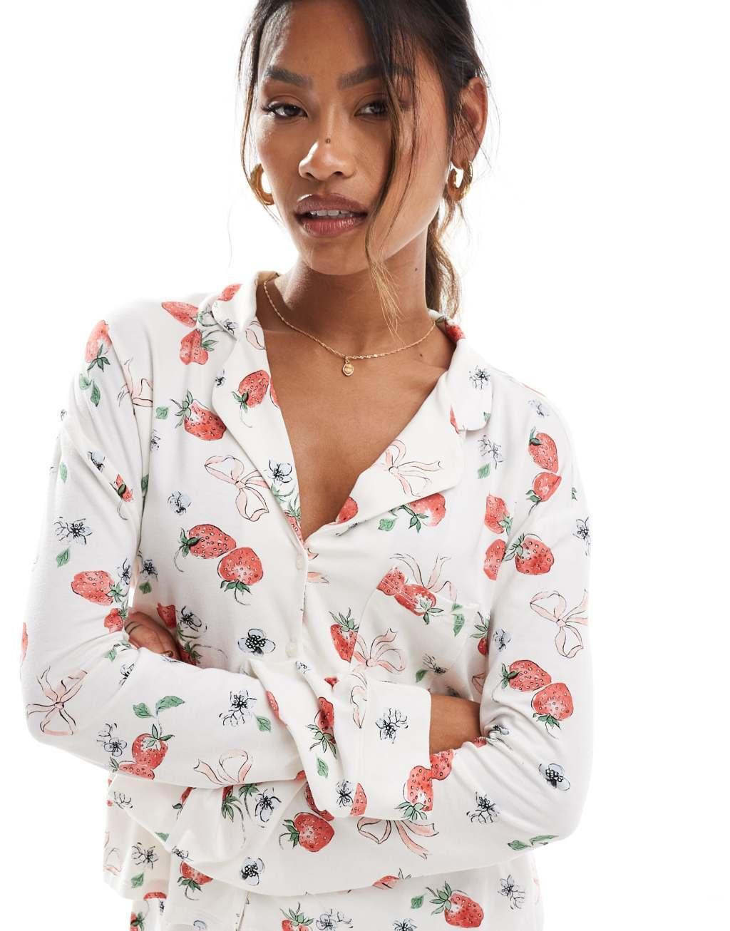 Kaiia exclusive mix and match cropped long sleeve pj shirt in strawberry and bow print - part of a set  Product Image