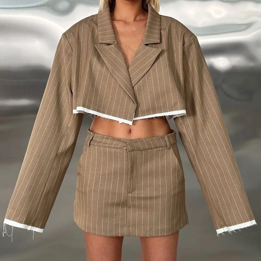Set: Peak Lapel Striped Contrast Trim Frayed Open Front Crop Blazer + Low Rise Mini Pencil Skirt Product Image