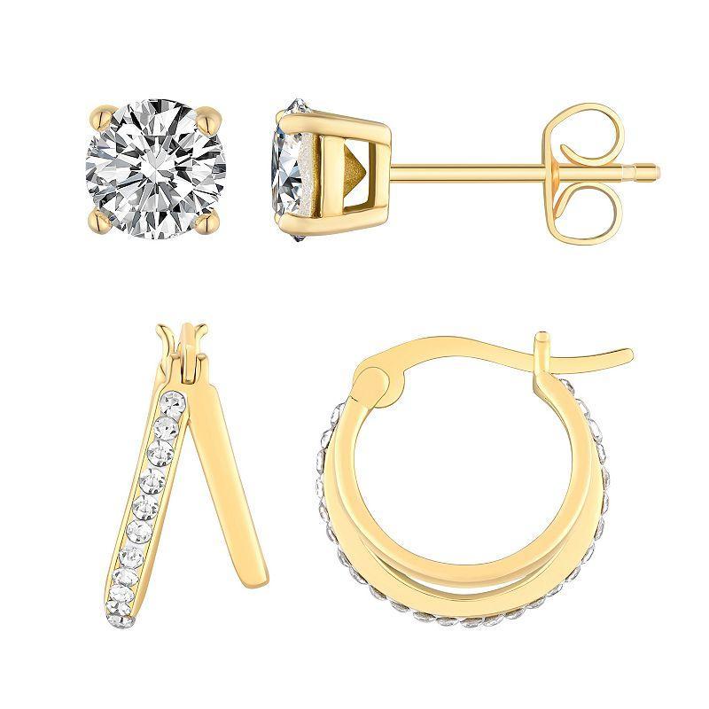Chrystina Crystal 2 Pair Stud & Split Hoop Earring Set, Women's, Silver Tone Product Image