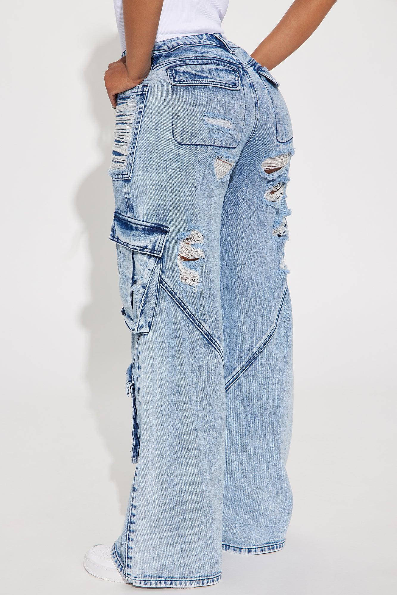 Proving It Ripped Baggy Cargo Jeans - Medium Wash Product Image