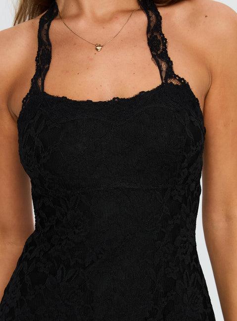 Front Page Halter Lace Mini Dress Black Product Image