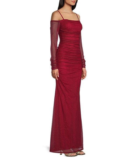 Pear Culture Glitter Mesh Off The Shoulder Long Sleeve Dress Product Image