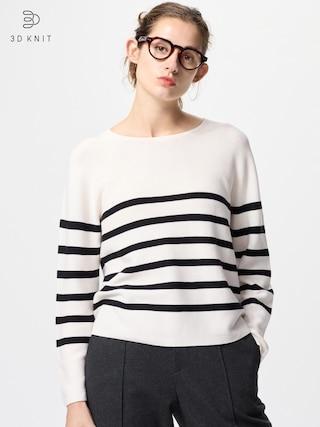 Womens 3D Knit Cotton Sweater Striped White Large UNIQLO US Product Image