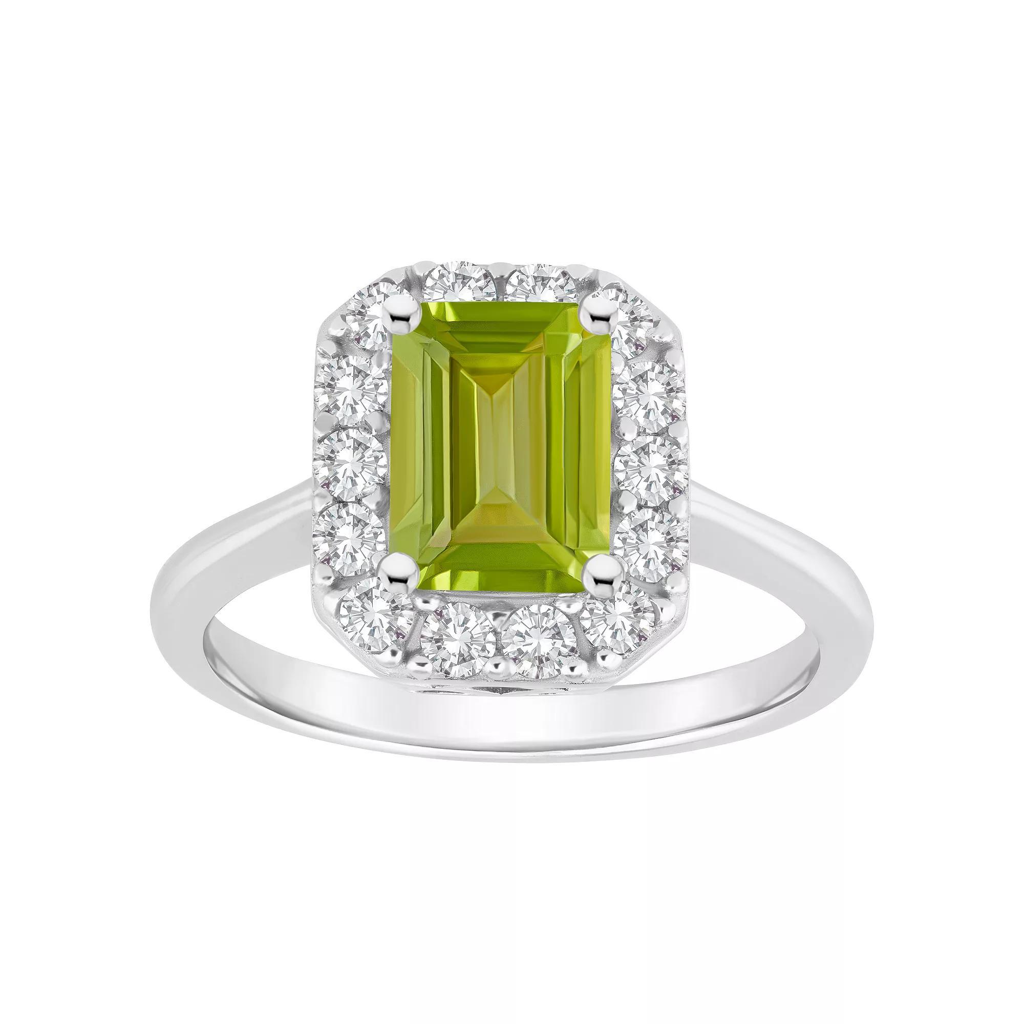 Celebration Gems Sterling Silver Emerald Cut Gemstone Halo Ring, Womens Peridot Product Image