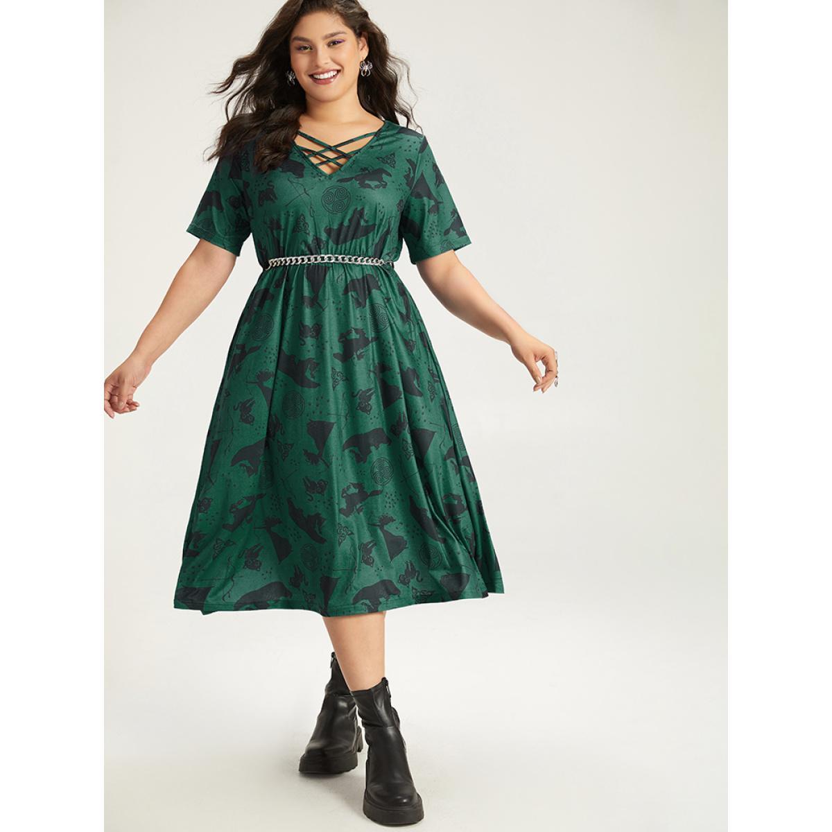 Plus Size Halloween Graphic Crisscross Neck Pocket Flutter Dress DarkGreen Women Casual Gathered V-neck Short sleeve Curvy Midi Dress BloomChic 18-20/2X Product Image