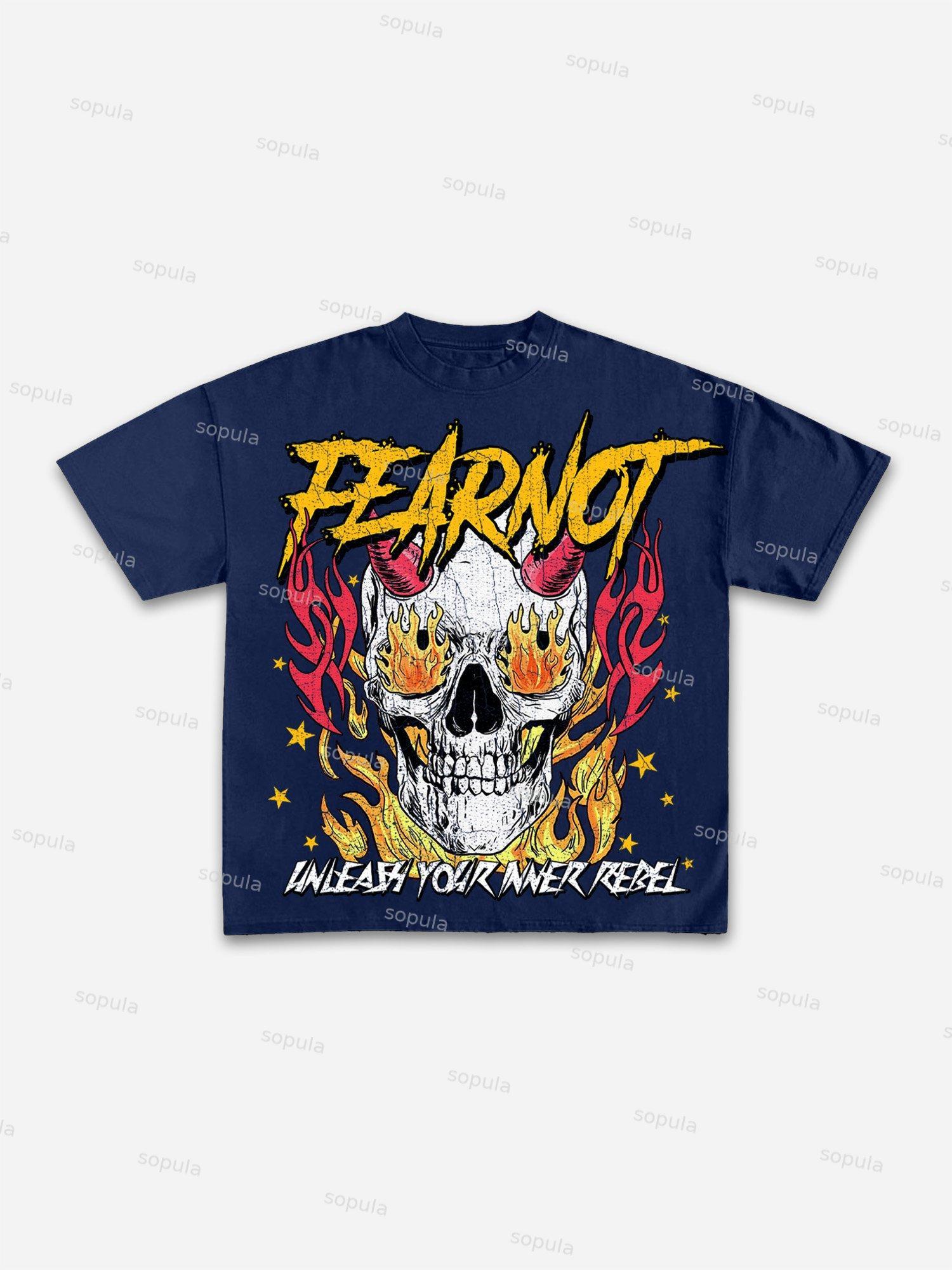 Fear Not Flaming Skull Print Cotton T-shirt Product Image