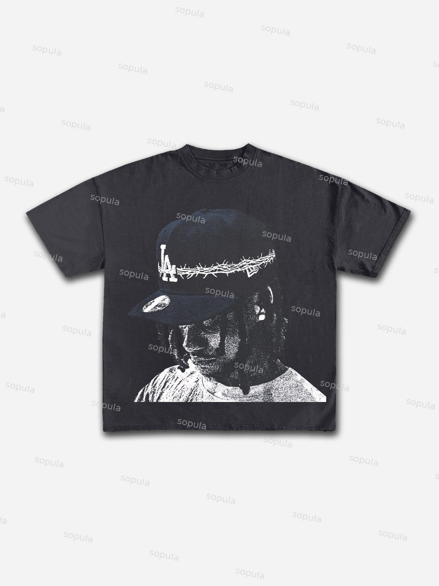 Vintage Street Portrait Graphic Print Cotton T-shirt Product Image