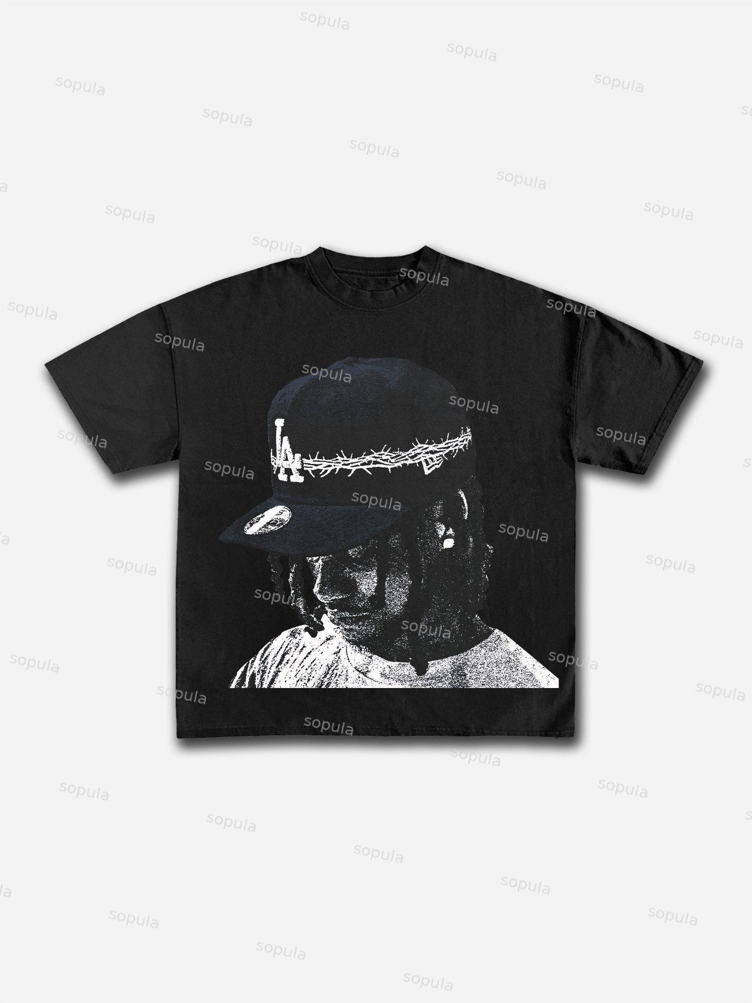 Vintage Street Portrait Graphic Print Cotton T-shirt Product Image