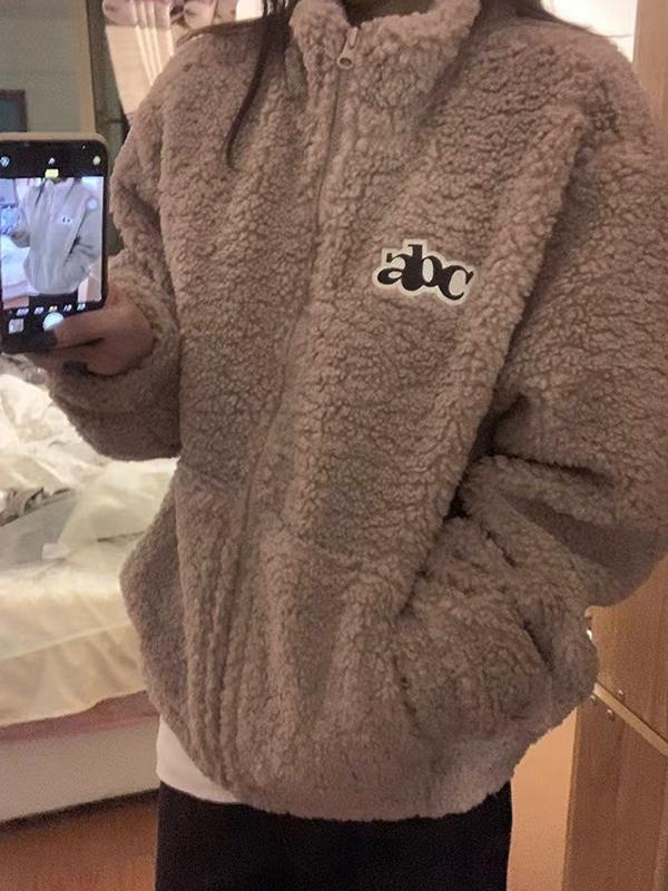 Lambswool Letter Embroidery Zip Up Jacket Product Image