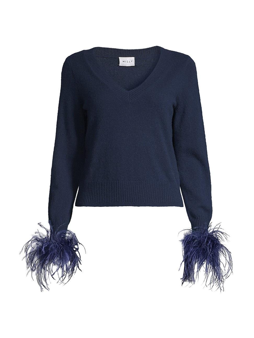 Womens V-Neck Feather-Cuff Sweater Product Image