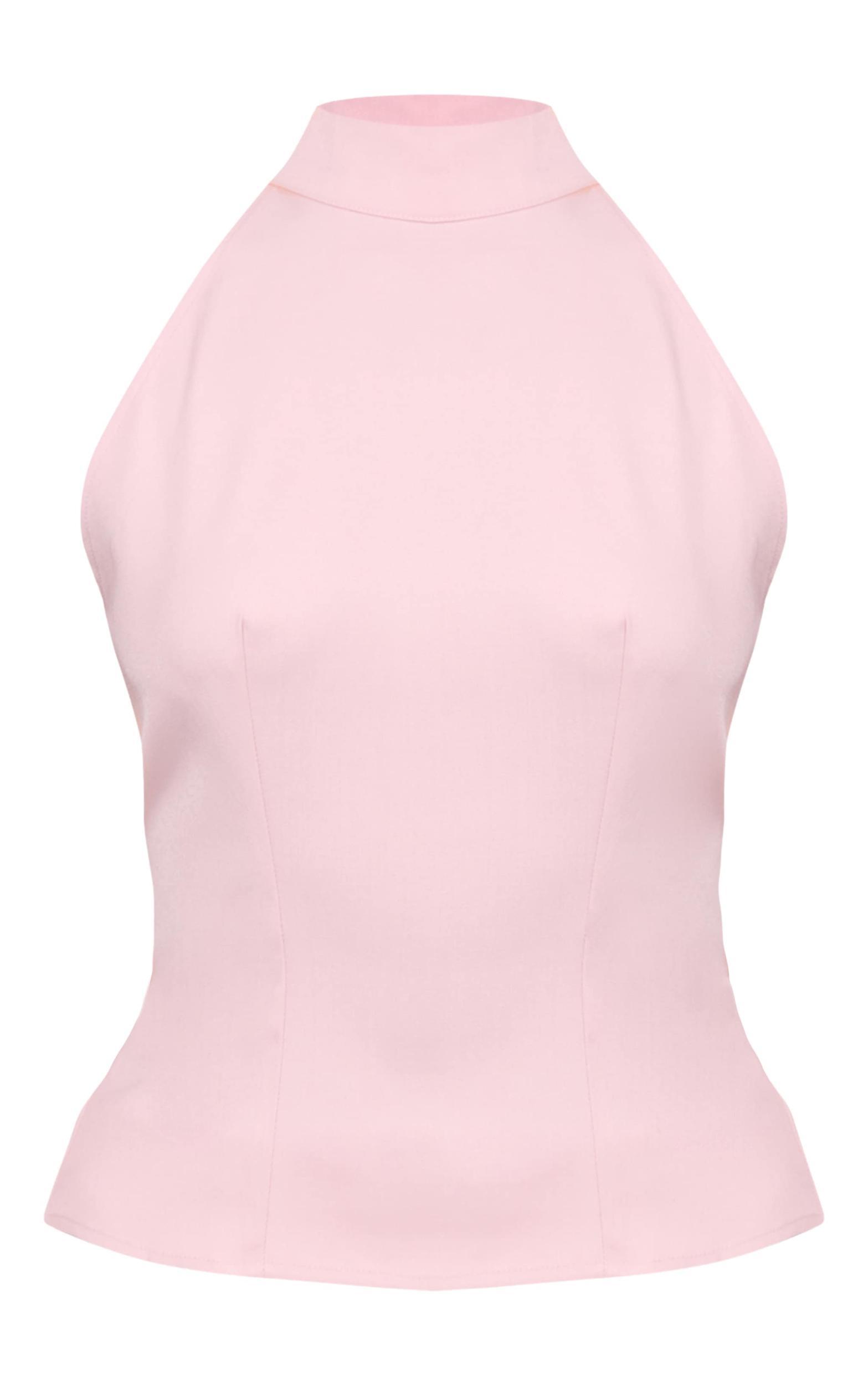 Pale Pink Woven High Neck Tie Detail Top Product Image
