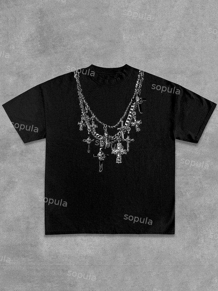 Christian & Cross Necklace Print Casual Cotton T-Shirt Product Image
