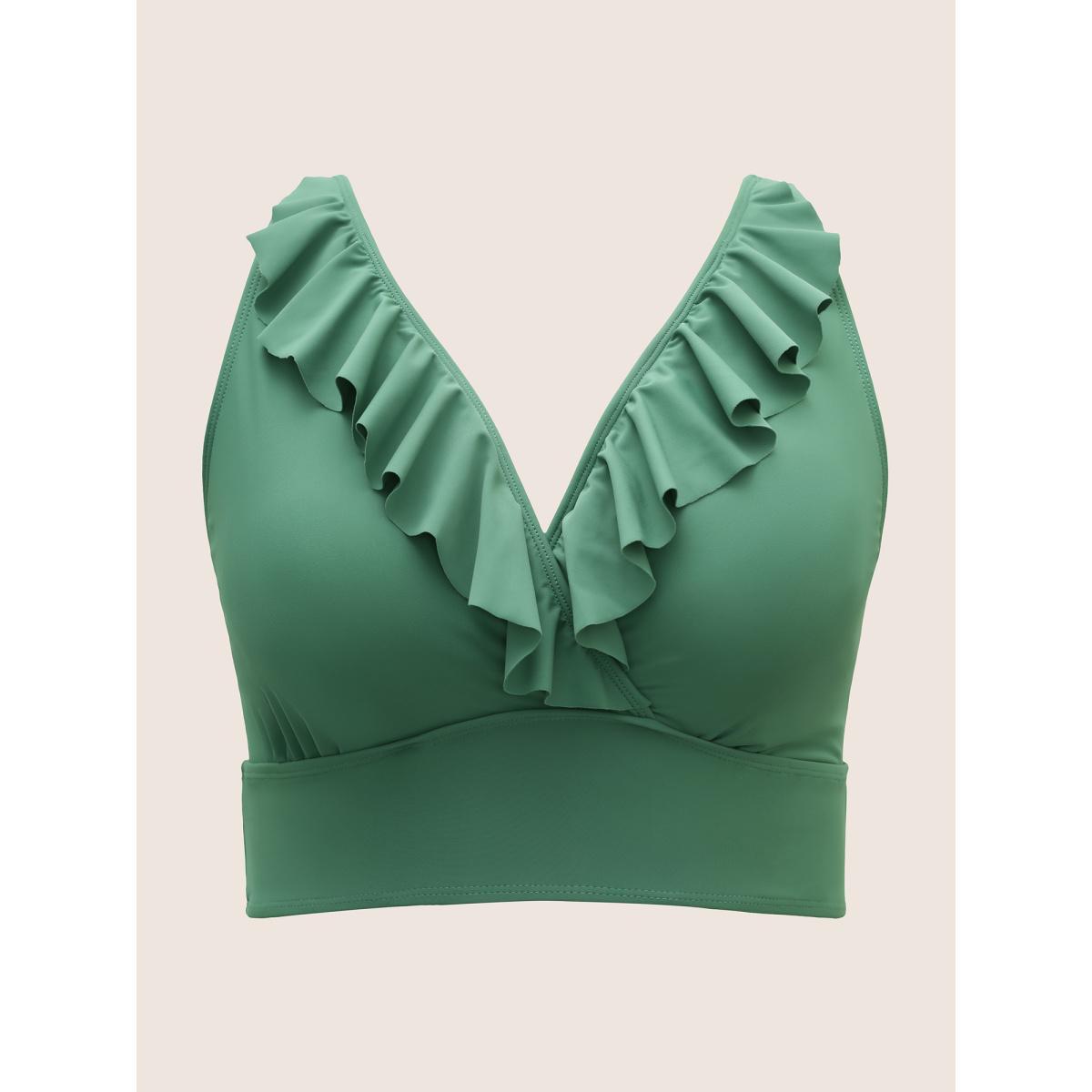 Plus Size Solid Ruffle Surplice Neck Trim Swim Top Women's Swimwear Palemauve Beach Ruffles High stretch Skinny Overlap Collar Curve Swim Tops BloomChic 10/M Product Image