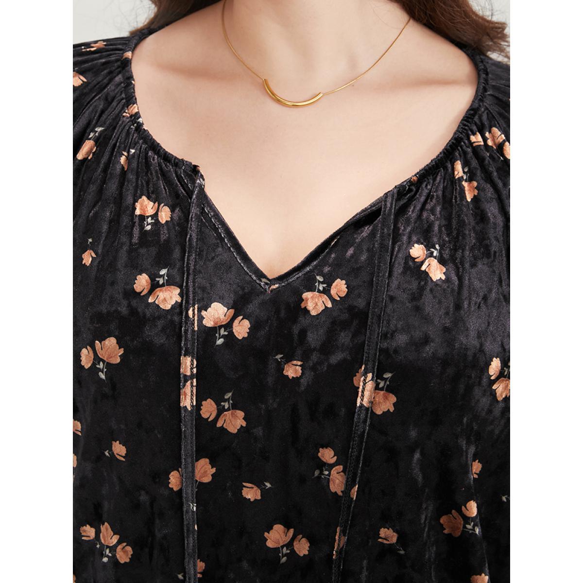 Plus Size Black Floral Lantern Sleeve Tassels Tie Neck Velvet Blouse Women Party Long Sleeve Tie Neck Going out Blouses BloomChic 14-16/1X Product Image