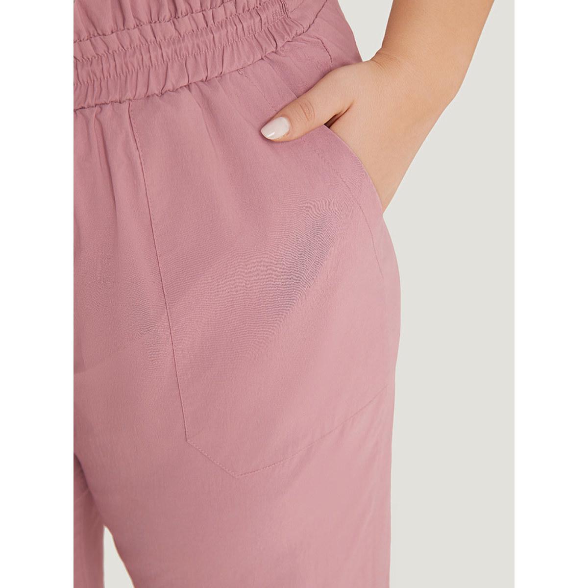 Plus Size Plain Paperbag Waist Drawstring Hem Slant Pocket Pants Women Rouge Casual High Rise Dailywear Pants BloomChic 22-24/3X Product Image