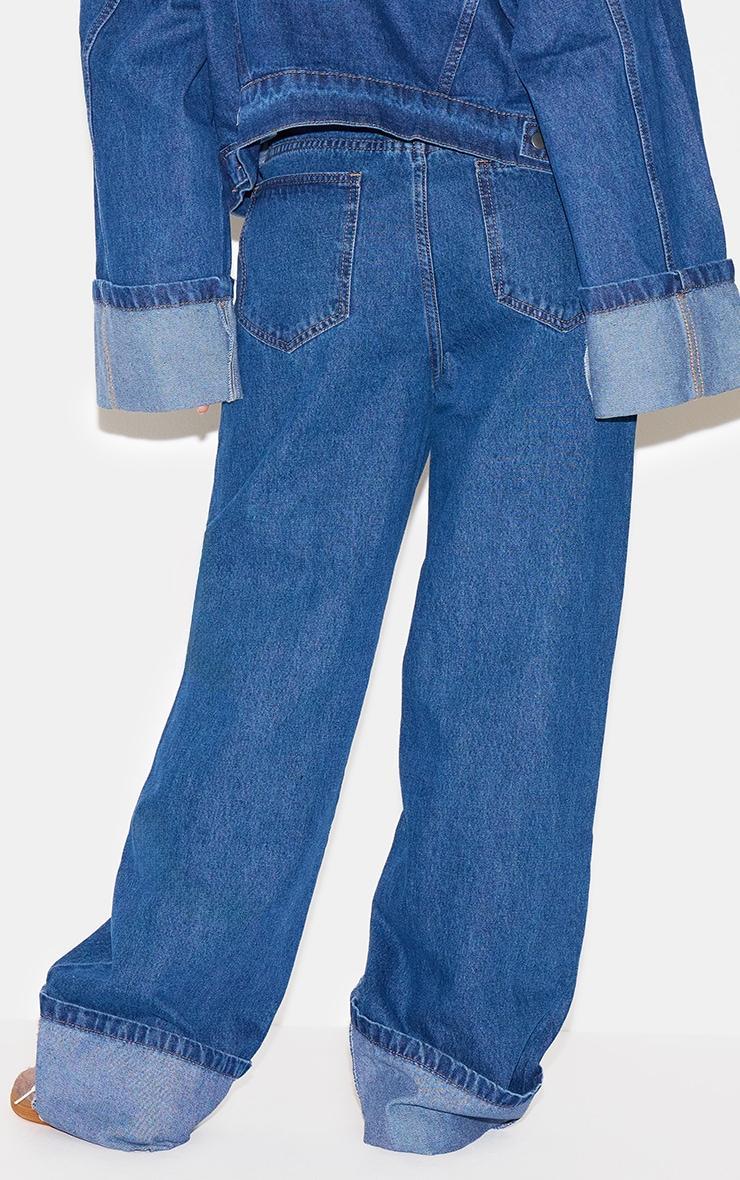 Mid Blue Wash Contrast Stitch Turn Up Hem Wide Leg Style Jeans Product Image