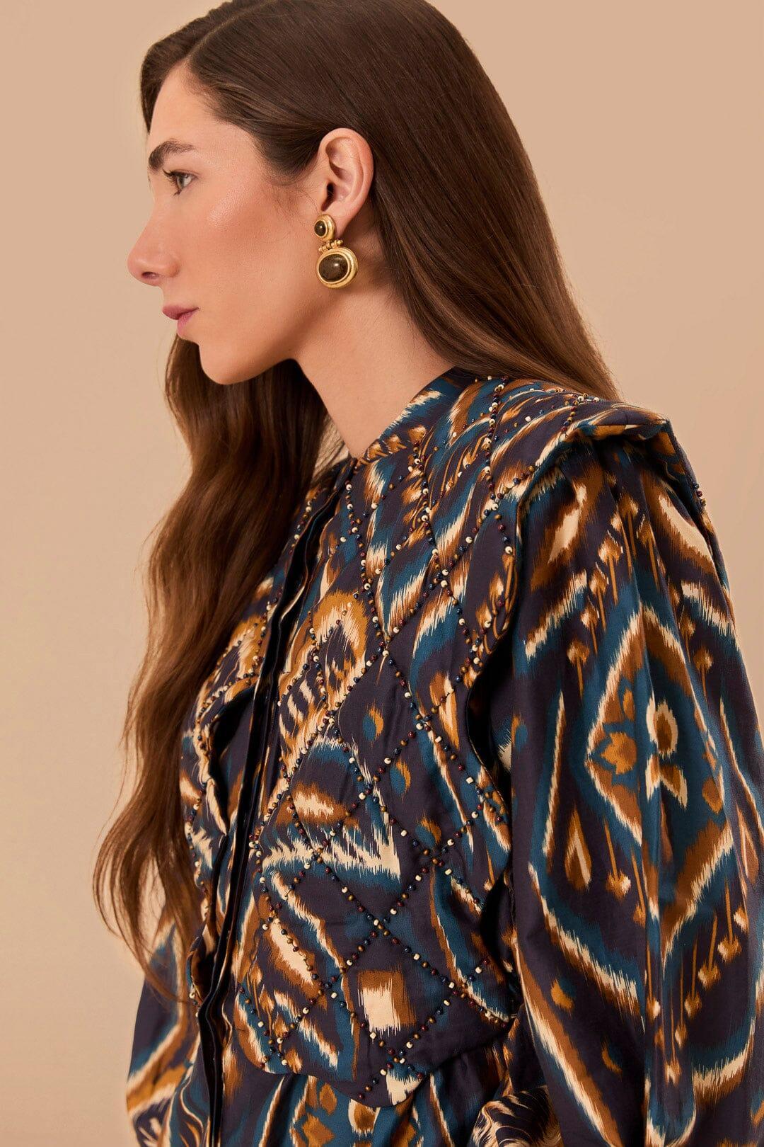 Blue Pineapple Ikat Long Sleeve Matelasse Blouse, PINEAPPLE IKAT BLUE / XXS Product Image