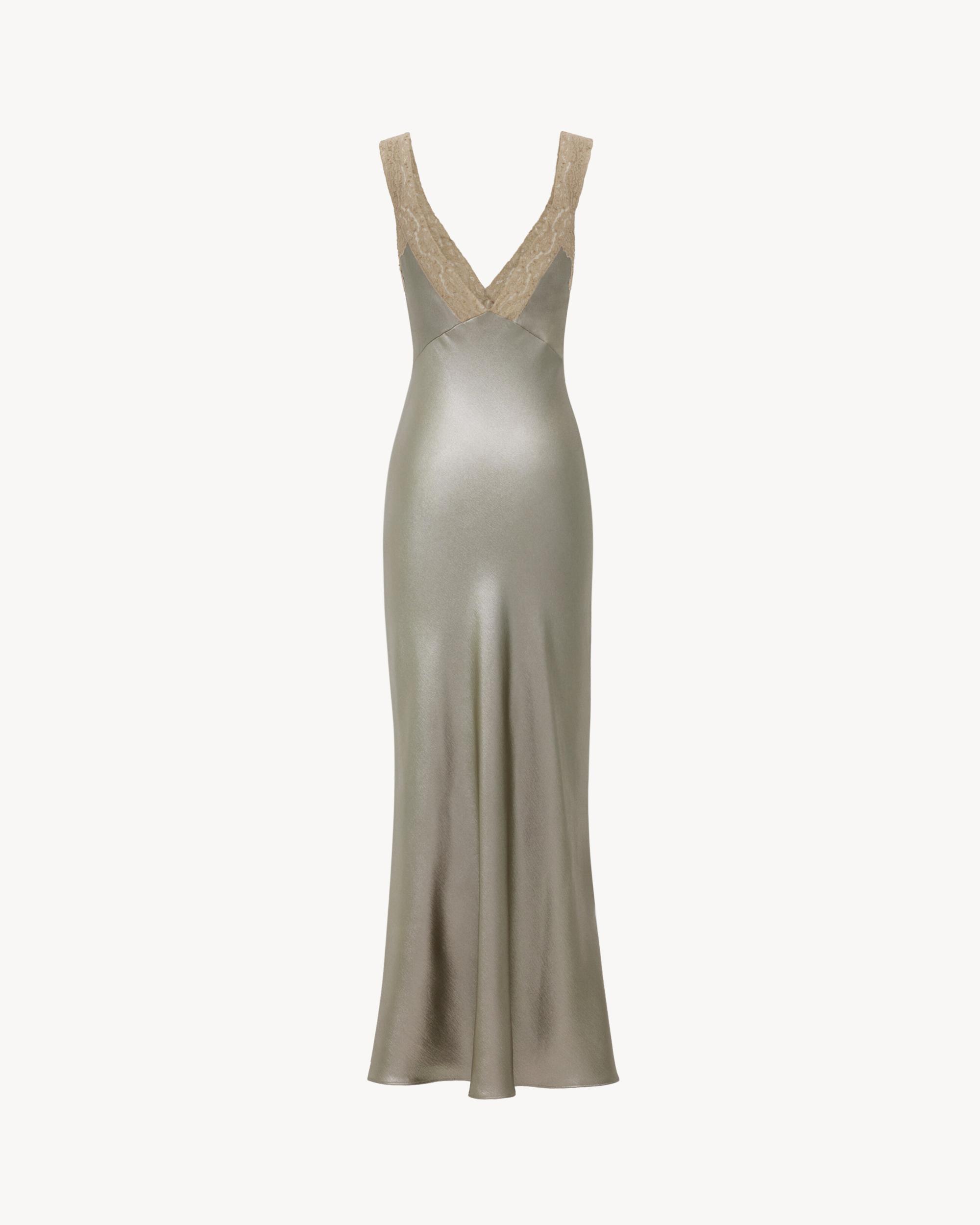 V-neck dress in silk charmeuse and lace Product Image