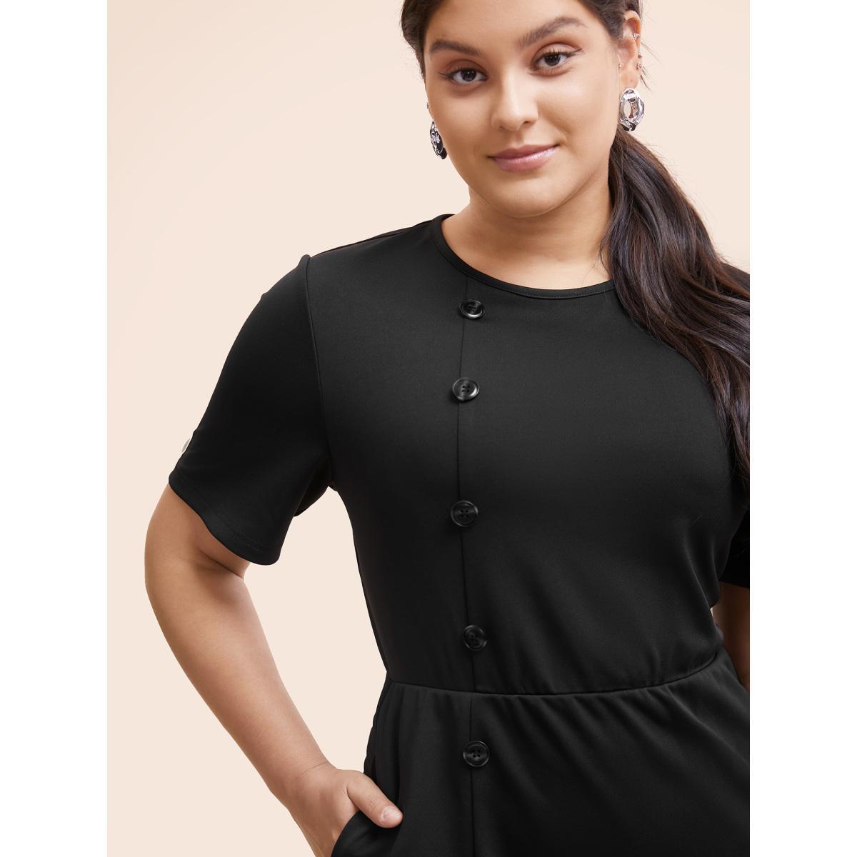 Plus Size Round Neck Button Detail Split Hem Dress Black Women At the Office Button Round Neck Short sleeve Curvy BloomChic 26/4X Product Image