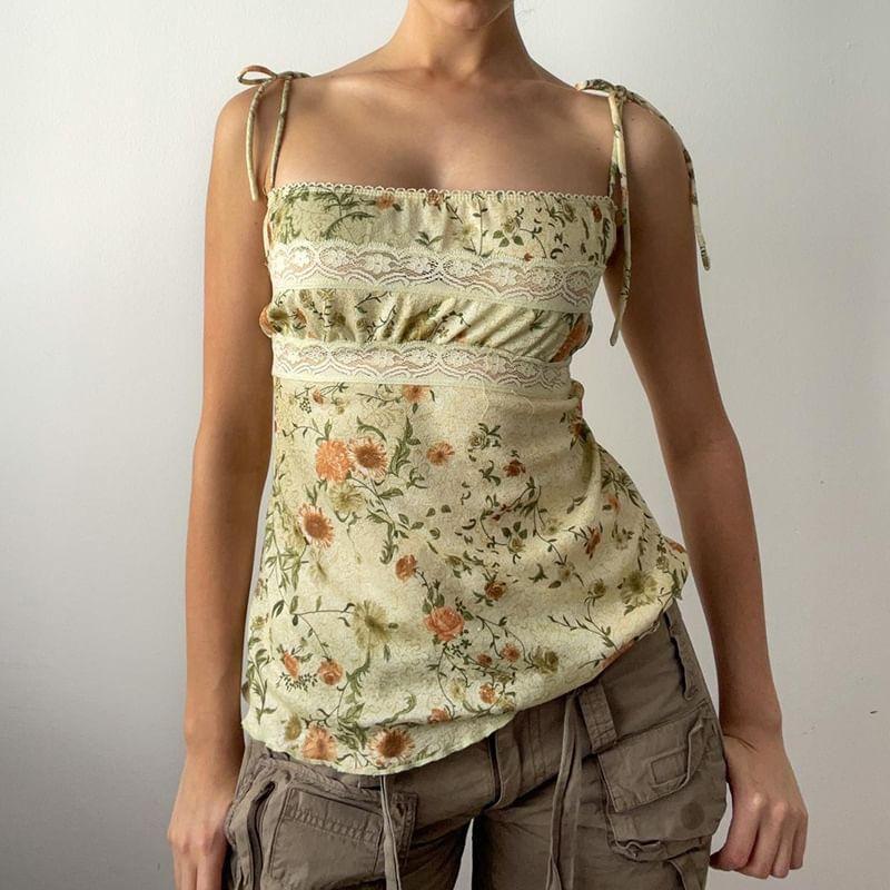 Floral Print Lace Panel Ruched Slim Fit Camisole Top Product Image
