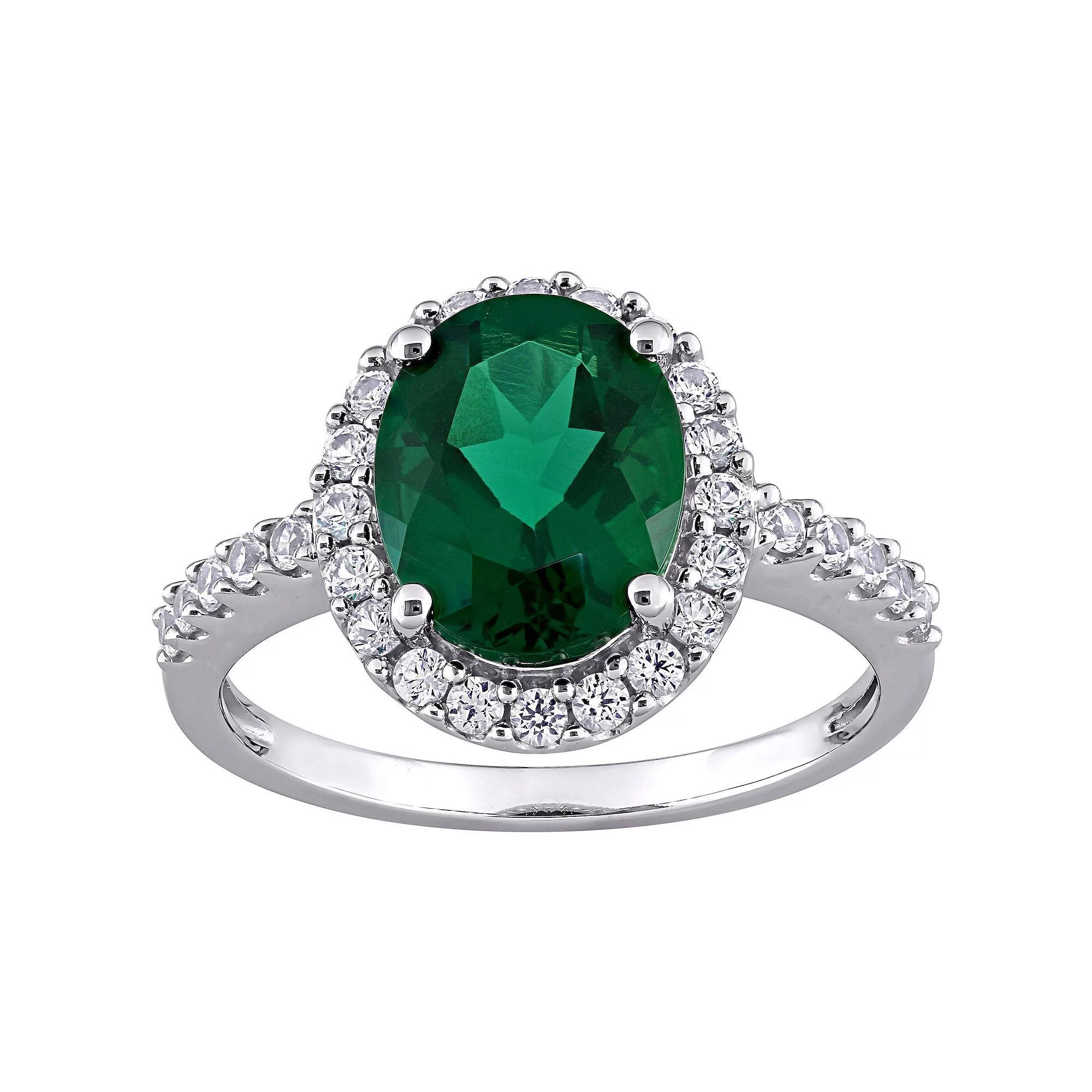 Stella Grace 10k White Gold Lab-Created Emerald & Lab-Created White Sapphire Halo Engagement Ring, Women's, Size: 10.50 Product Image