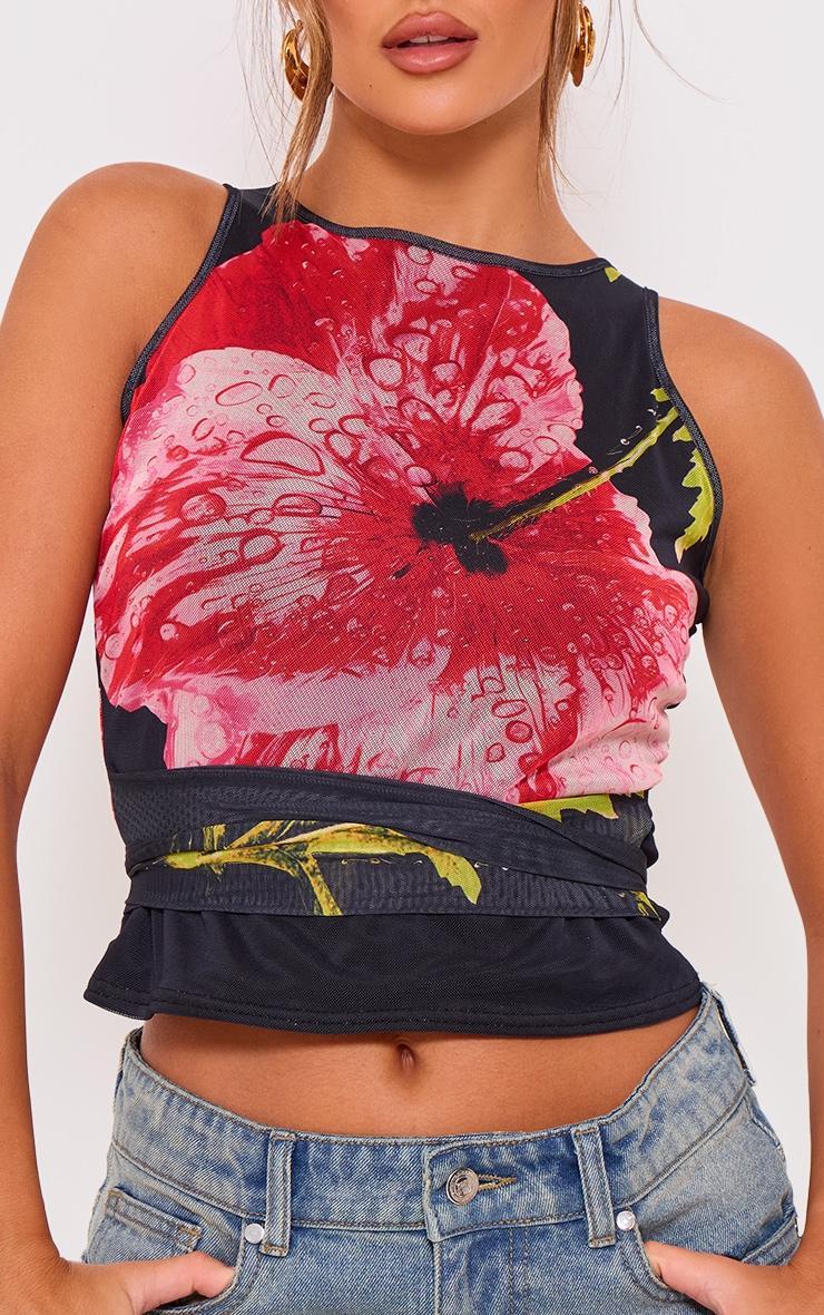  Black Printed Mesh Tie Detail Boat Neck Top Product Image