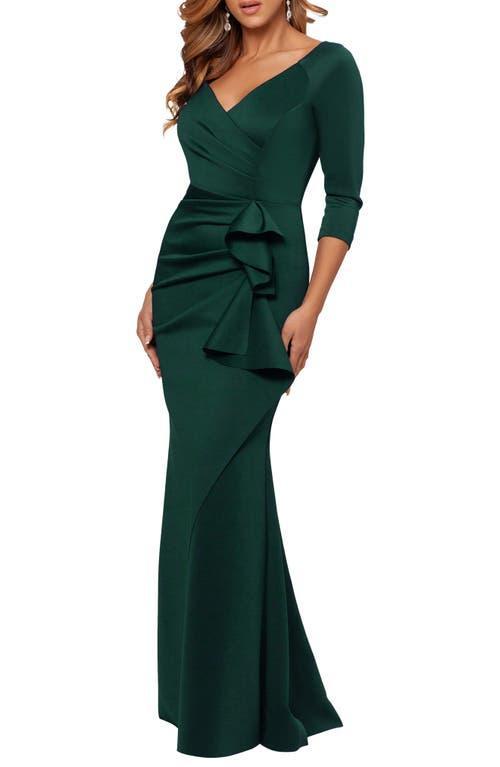 Xscape Stretch V-Neck 34 Sleeve Pleated Draped Gown Product Image