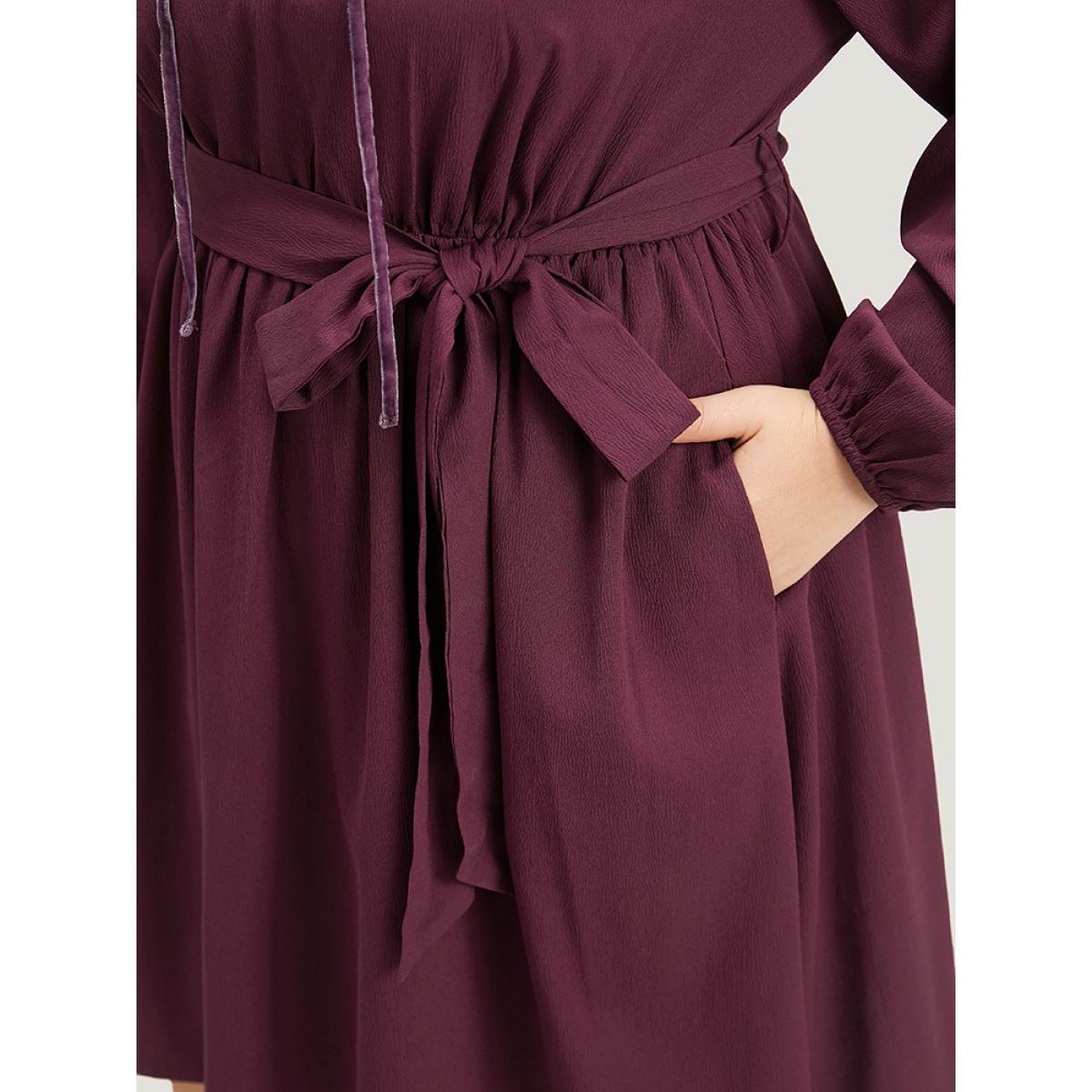 Plus Size Halloween Plain Lantern Sleeve Belted Lace Up Asymmetrical Hem Dress Purple Women Office Elastic cuffs Tie Neck Long Sleeve Curvy Knee Dress BloomChic 12/L Product Image