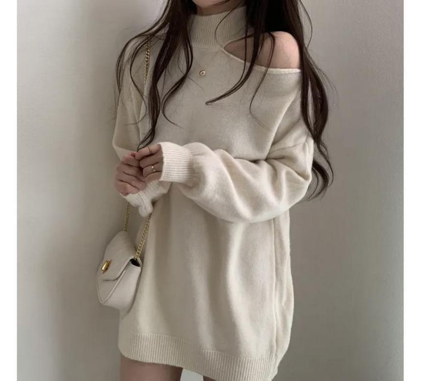 Cold-Shoulder Plain Sweater Product Image