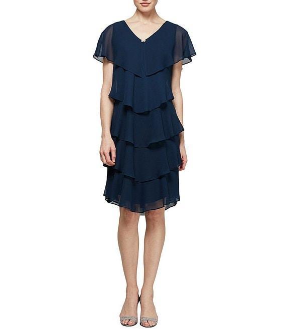 Ignite Evenings Jewel V-Neck Short Sleeve Georgette Tiered Capelet Shift Dress Product Image