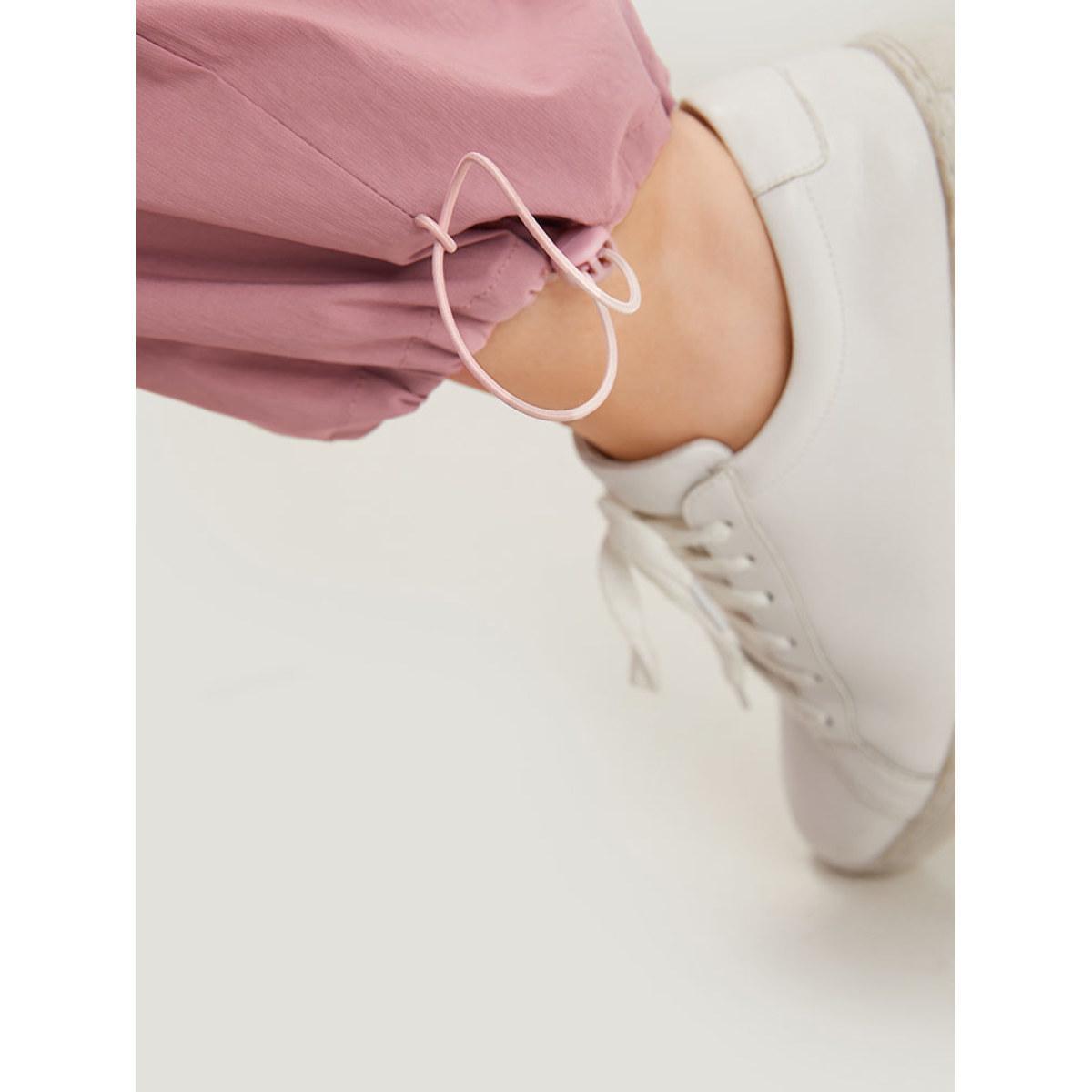Plus Size Plain Paperbag Waist Drawstring Hem Slant Pocket Pants Women Rouge Casual High Rise Dailywear Pants BloomChic 22-24/3X Product Image
