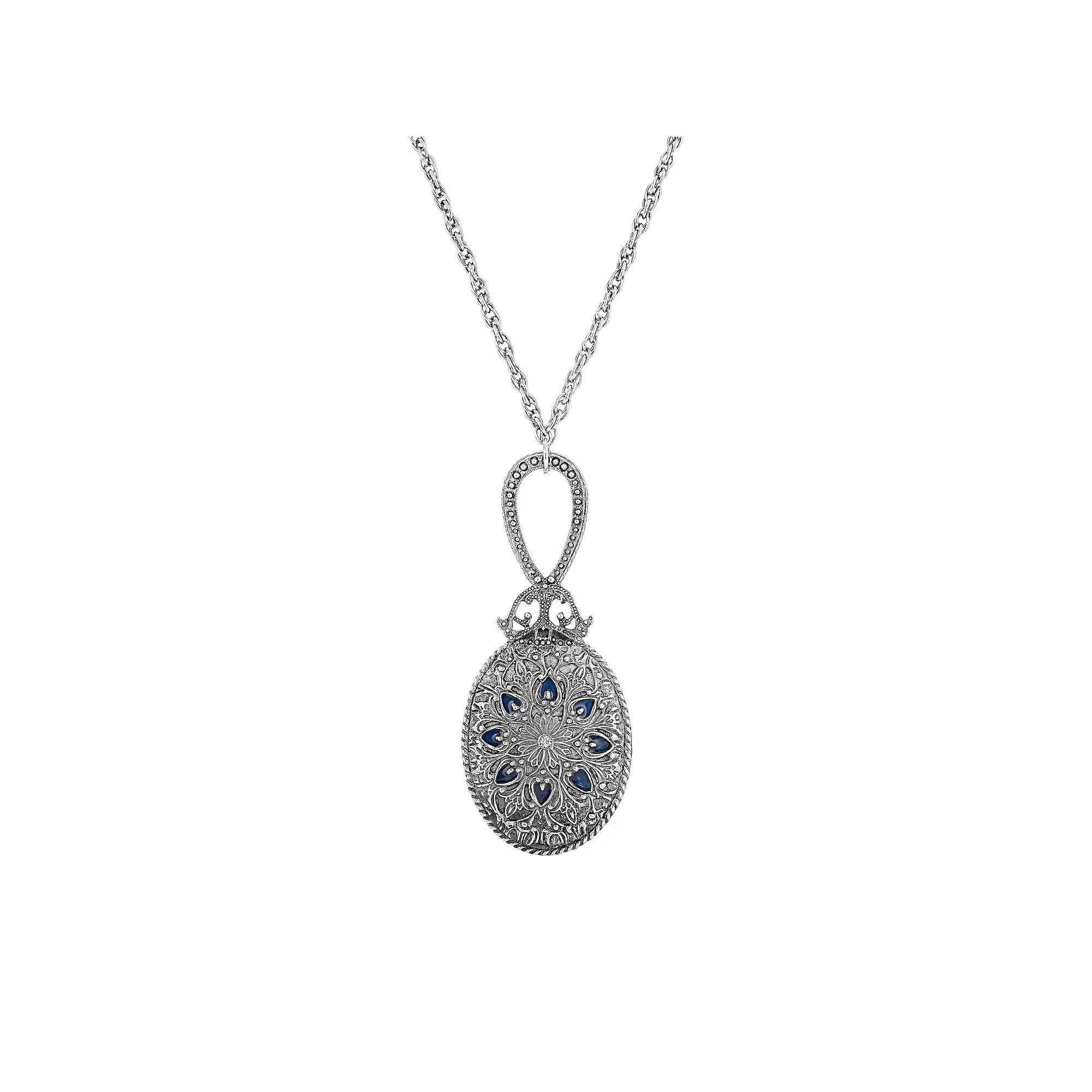 1928 Silver Tone Oval Mirror With Blue Enamel and Simulated Crystal Necklace, Womens Product Image