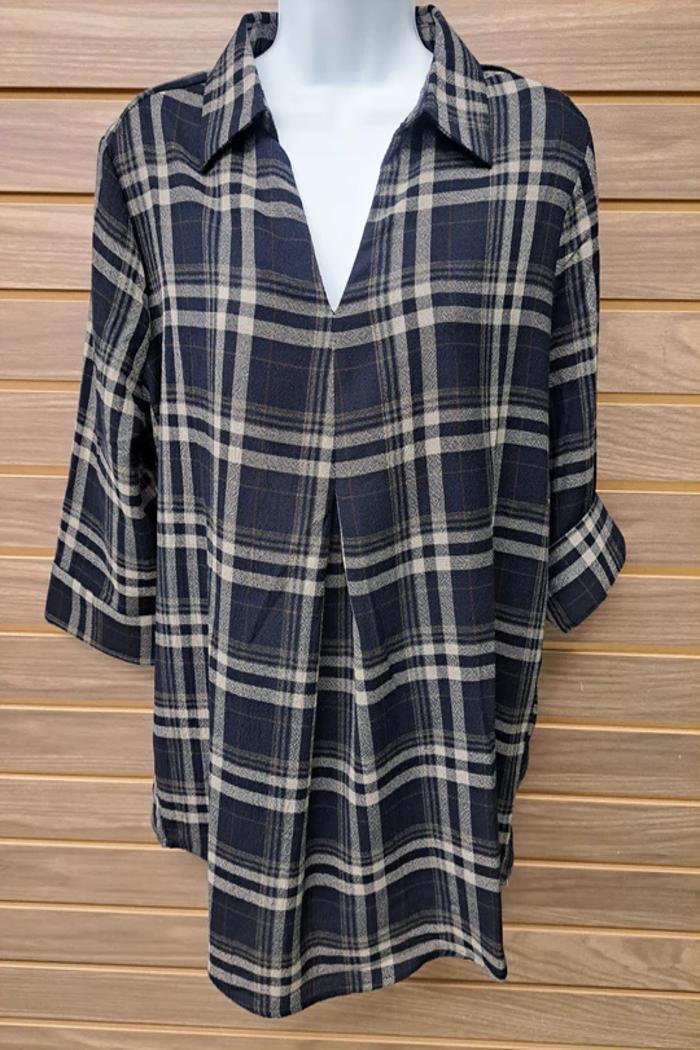 Plaid Collared V Neck Product Image