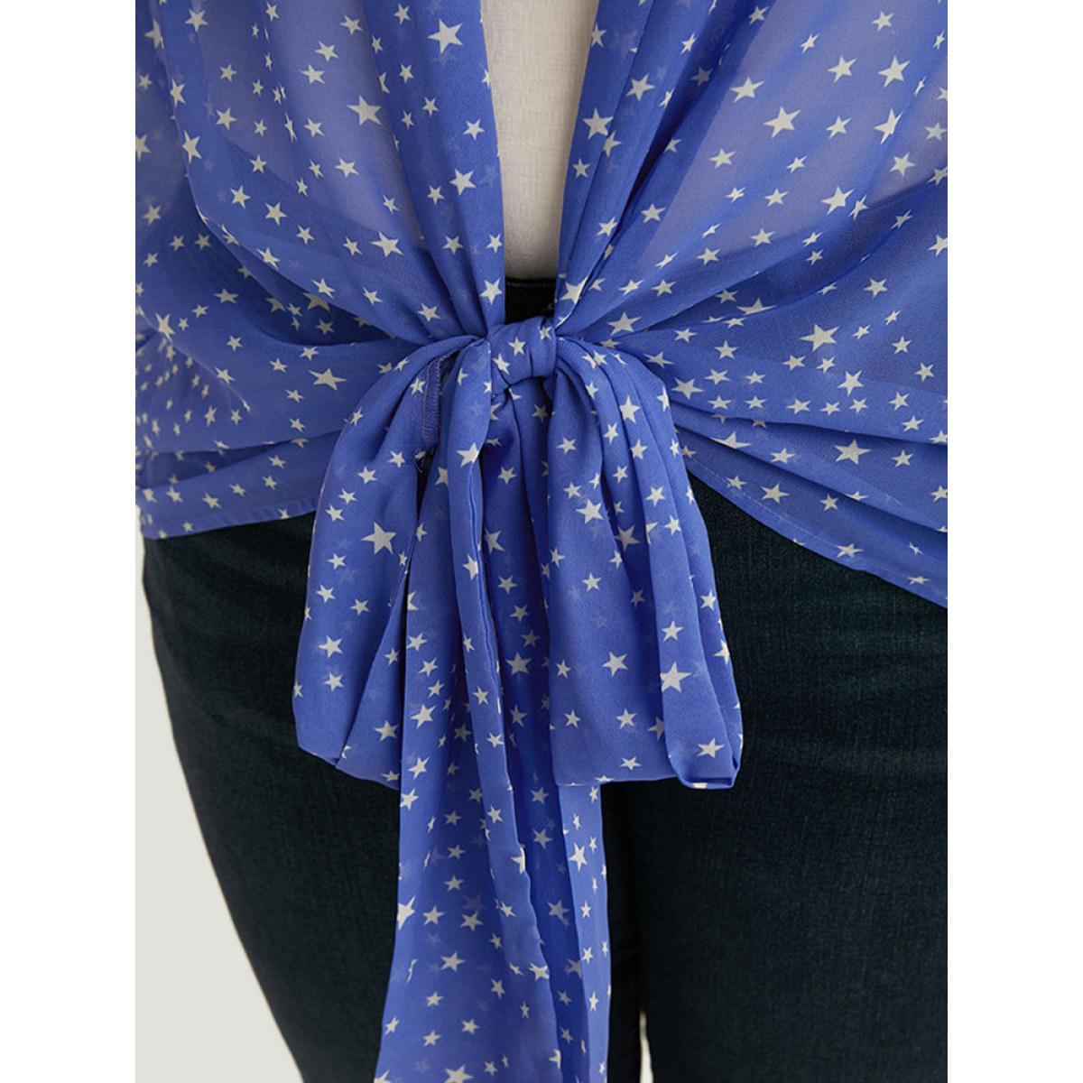 Plus Size UltraCool Star Print Lapel Collar Bowknot Kimono Women Blue Casual Drape Dailywear Kimonos BloomChic 14-16/1X Product Image