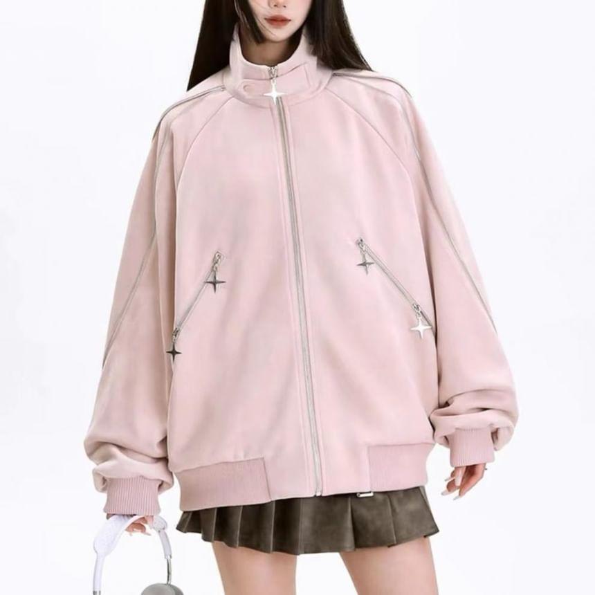 Raglan-Sleeve Stand Collar Star Accent Faux Suede Zip Jacket / Short-Sleeve Round Neck Plain Tee Product Image